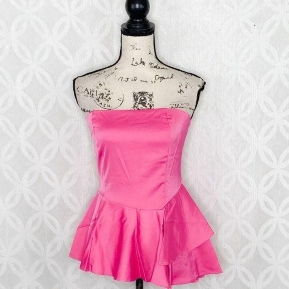 Lulumari Hot Pink Strapless Peplum Satin Top